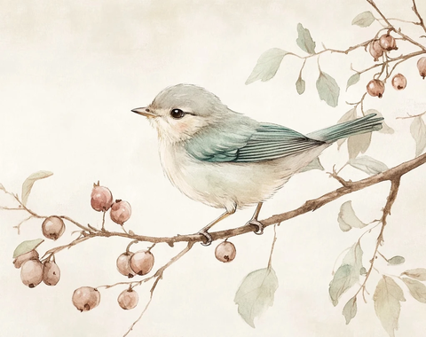 鸟栖树枝莓果水彩画