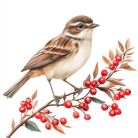 鸟站红莓枝头白背景