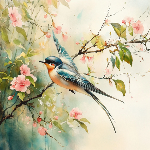 燕子飞翔花叶间