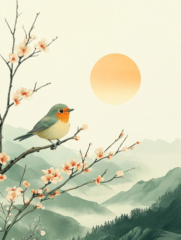 晨光中小鸟歌唱在花枝