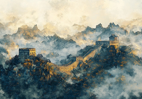 云雾缭绕中的万里长城壮观景象
