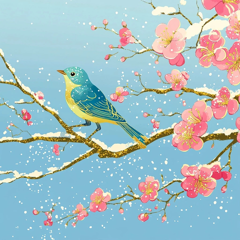 梅花枝头蓝鸟与粉色花朵