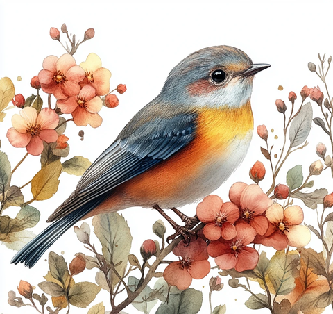 鸟儿坐花间手绘插画