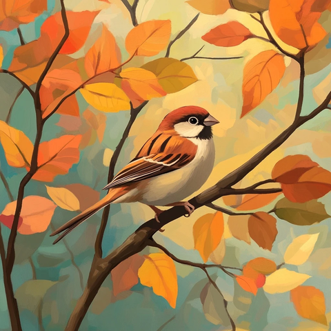 秋叶树枝上的麻雀