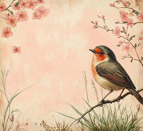 樱桃枝头小鸟与花瓣