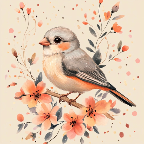 小鸟栖息花枝轻舞落叶