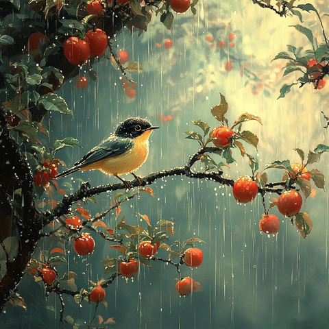 雨中鸟儿欢跳苹果树