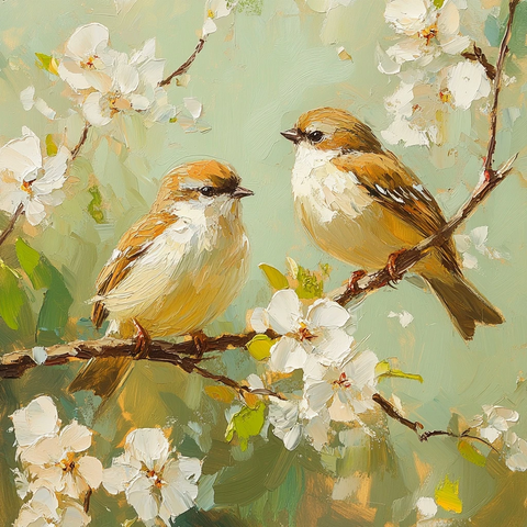 春日双鸟与白花