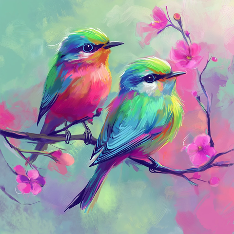 紫绿粉鸟类插画设计