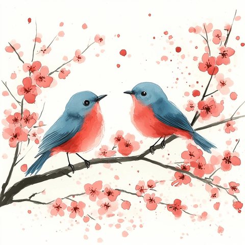 蓝鸟樱花树插画