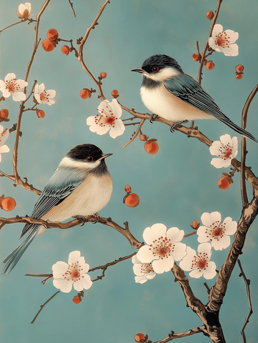 鸟语花香蓝白画