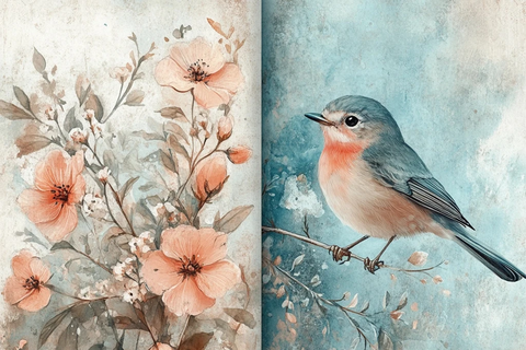 水彩野花与鸟类插图