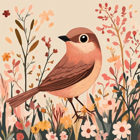 鸟与花色彩块插画