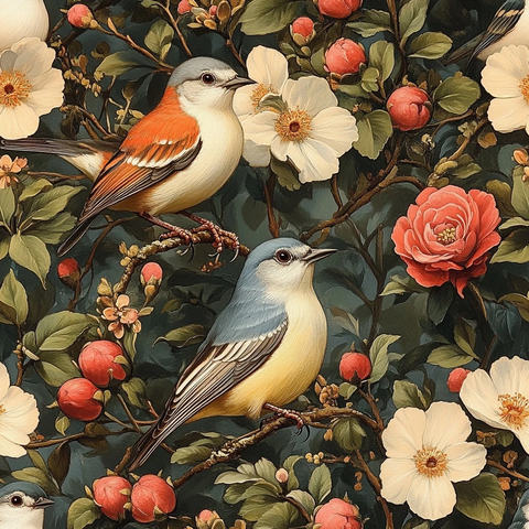 花卉图案与鸟纹样壁纸