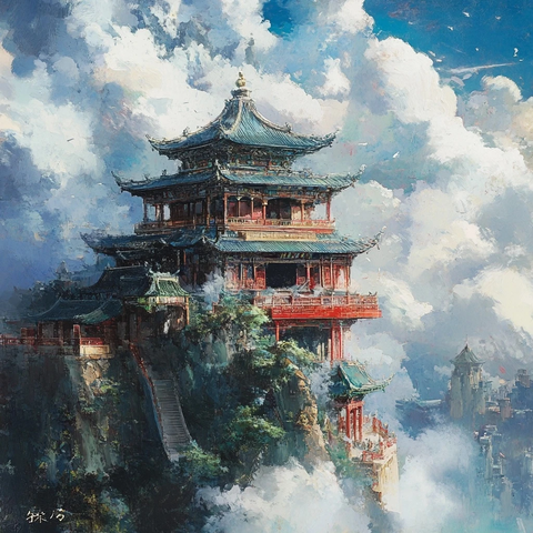 云雾中悬崖上的古楼阁建筑