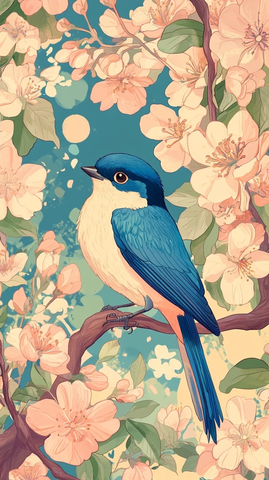 蓝鸟栖枝樱树林