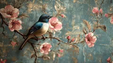 粉色花朵藤蔓与蓝鸟图案