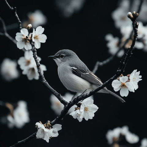 鸟儿栖息樱花枝头