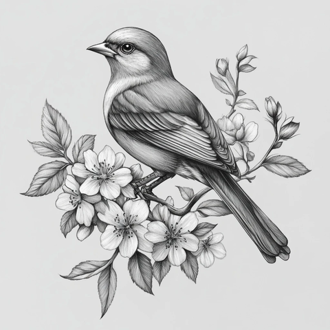 鸟枝花叶灰色纹身