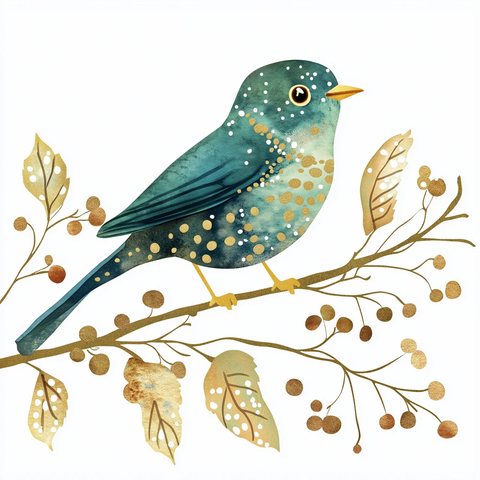 节日鸟类插画蓝金绿浆果