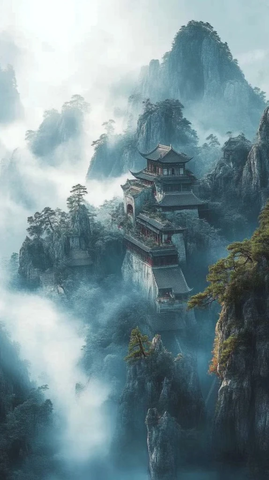 云雾缭绕的山间古建筑全景