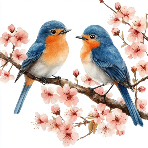 蓝色橙色鸟枝头樱桃树