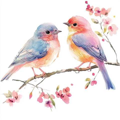 鸟儿栖息树枝花卉插画