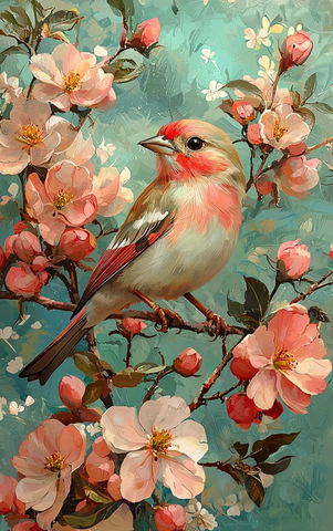 苹果树上的彩色鸟与盛开花朵