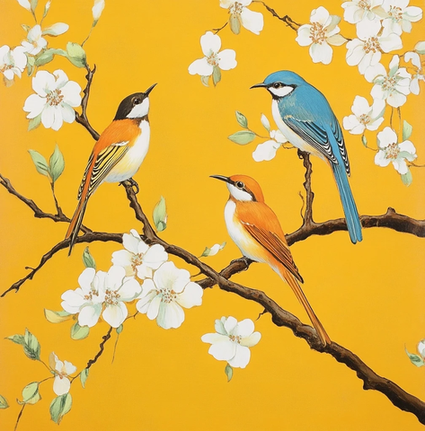 黄色背景鸟纹白花图案