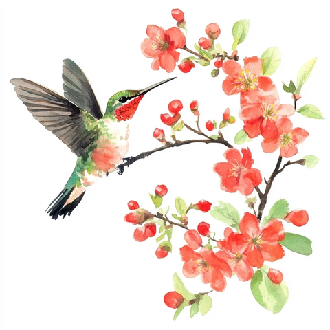 蜂鸟与红花水彩插画