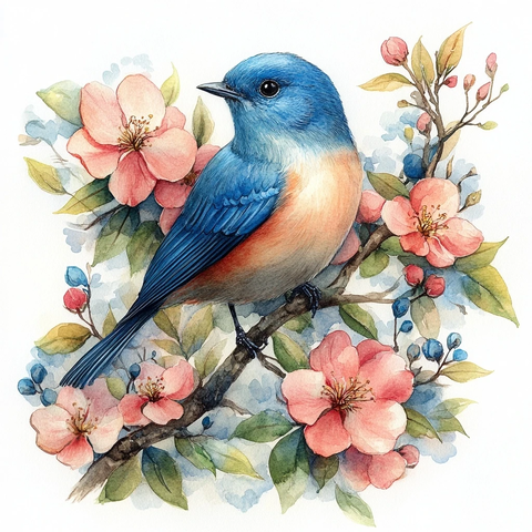 大树新芽花朵蓝鸟