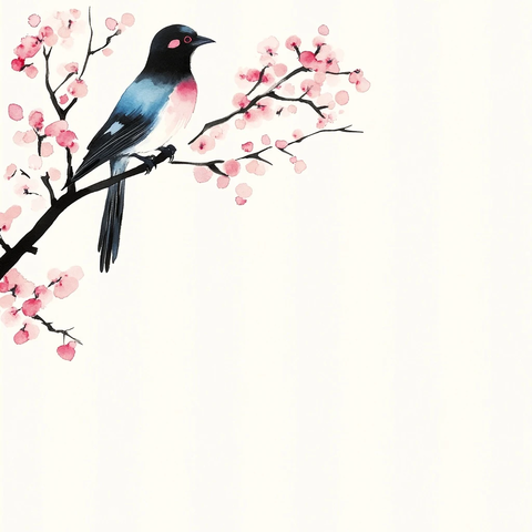 黑枝粉花与蓝羽鸟