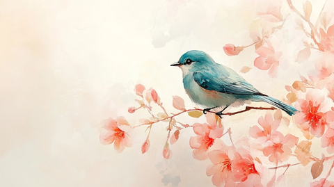 翠鸟栖息花枝水墨画