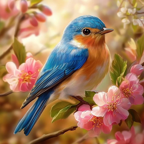 蓝鸟与粉色花朵