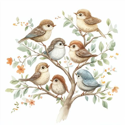 五只小鸟树上栖息