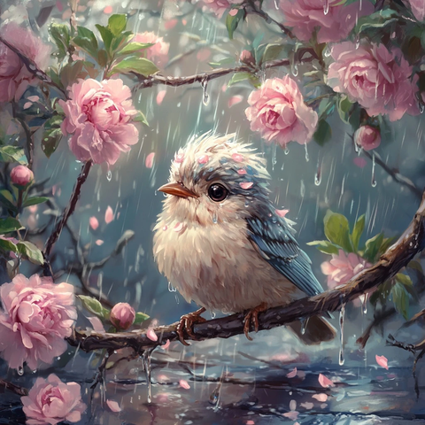 白头鸟与蓝粉花雨中梅树