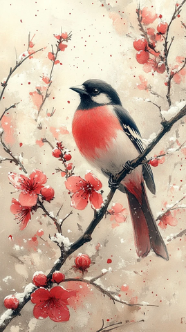 雪中梅枝喜鹊图