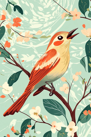 夜莺枝头歌唱花叶环绕