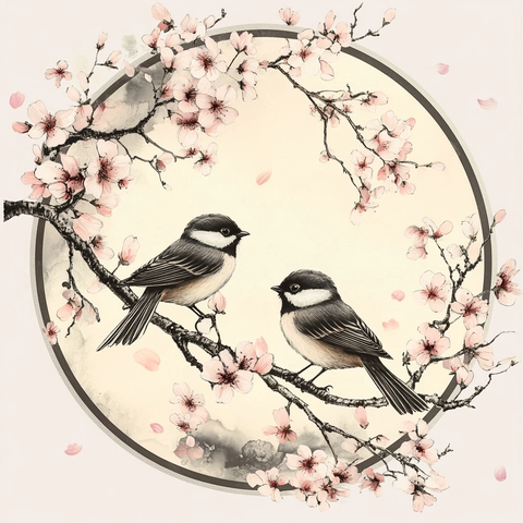 樱桃花枝鸟栖息图