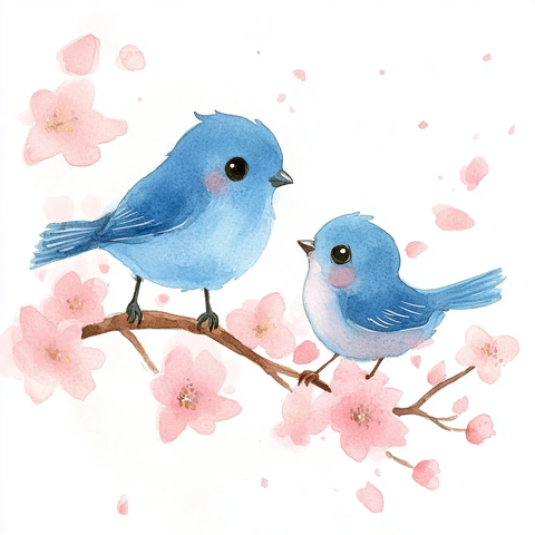 蓝鸟母子粉色花枝