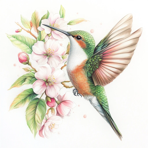 蜂鸟与盛开花朵插画