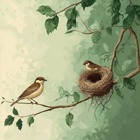 树枝鸟巢与等待的雌鸟