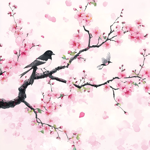 七夕节粉色花开鹊鸟图