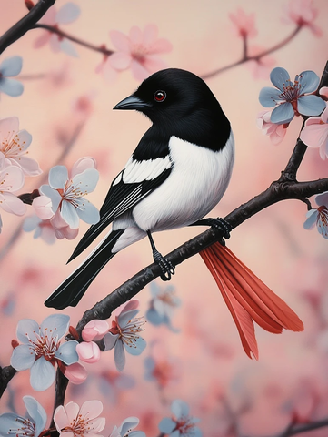 黑白色鹊鸟栖息粉色梅树