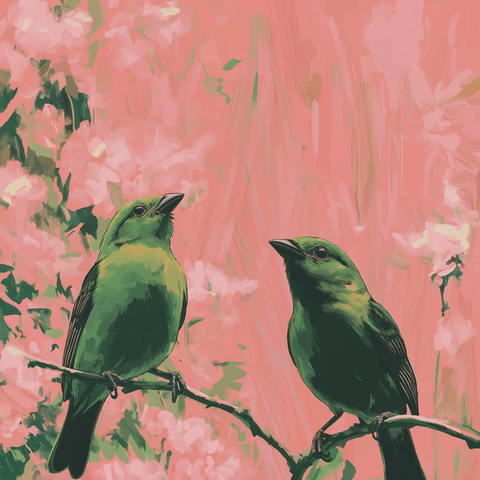 绿色小鸟仰望粉红花丛