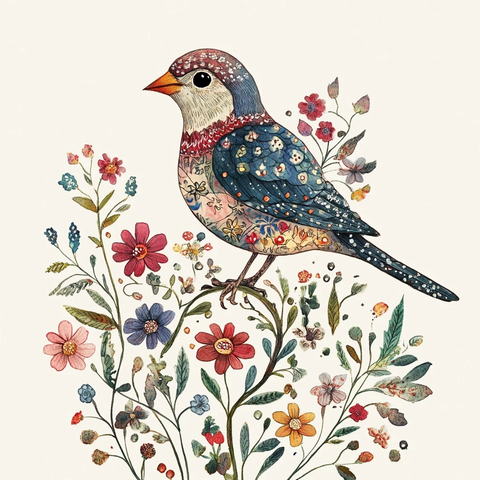 鸟儿栖息花朵图案