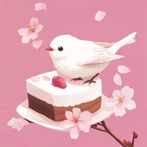 雪鸟樱瓣啄食蛋糕