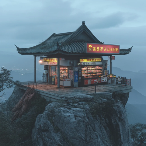悬崖边中式建筑风格的小卖部