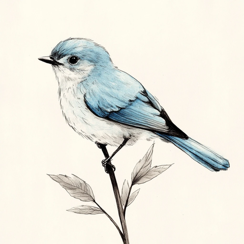 山蓝鸟栖息枝头素描