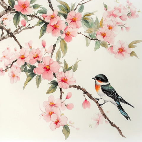 燕子飞翔桃花枝头金毛犬